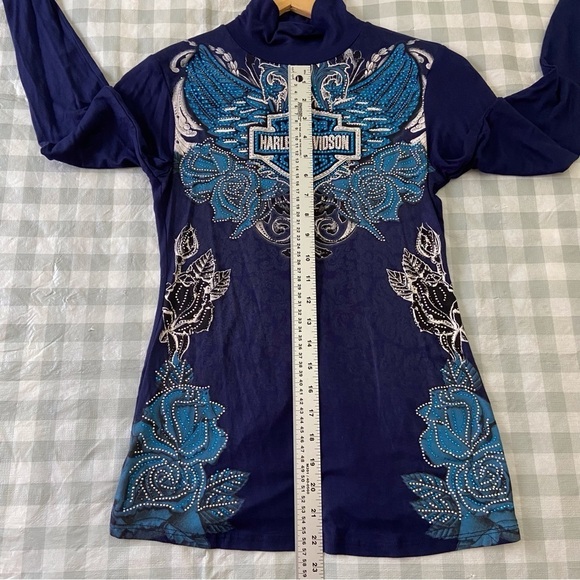 HARLEY-DAVIDSON top sequin lightweight open back long sleeves blue bikercore - Picture 10 of 14